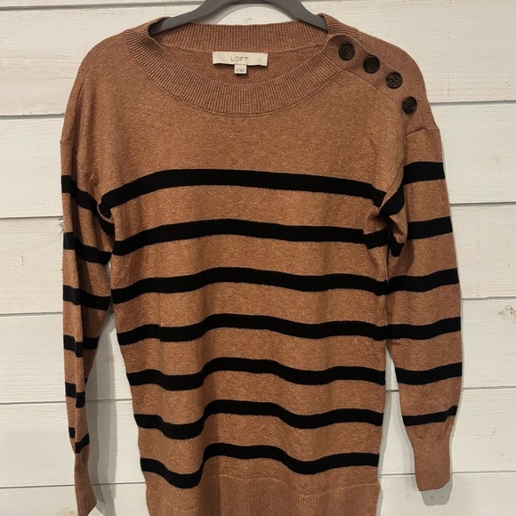 LOFT Camel/Tan and Black Striped Crew Neck Sweater with Button details . - Picture 5 of 13